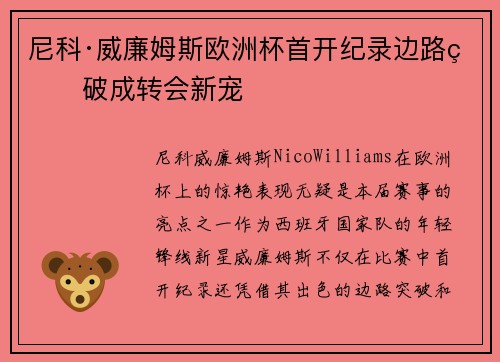 尼科·威廉姆斯欧洲杯首开纪录边路爆破成转会新宠