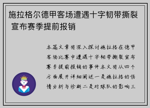 施拉格尔德甲客场遭遇十字韧带撕裂 宣布赛季提前报销