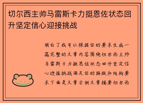 切尔西主帅马雷斯卡力挺恩佐状态回升坚定信心迎接挑战